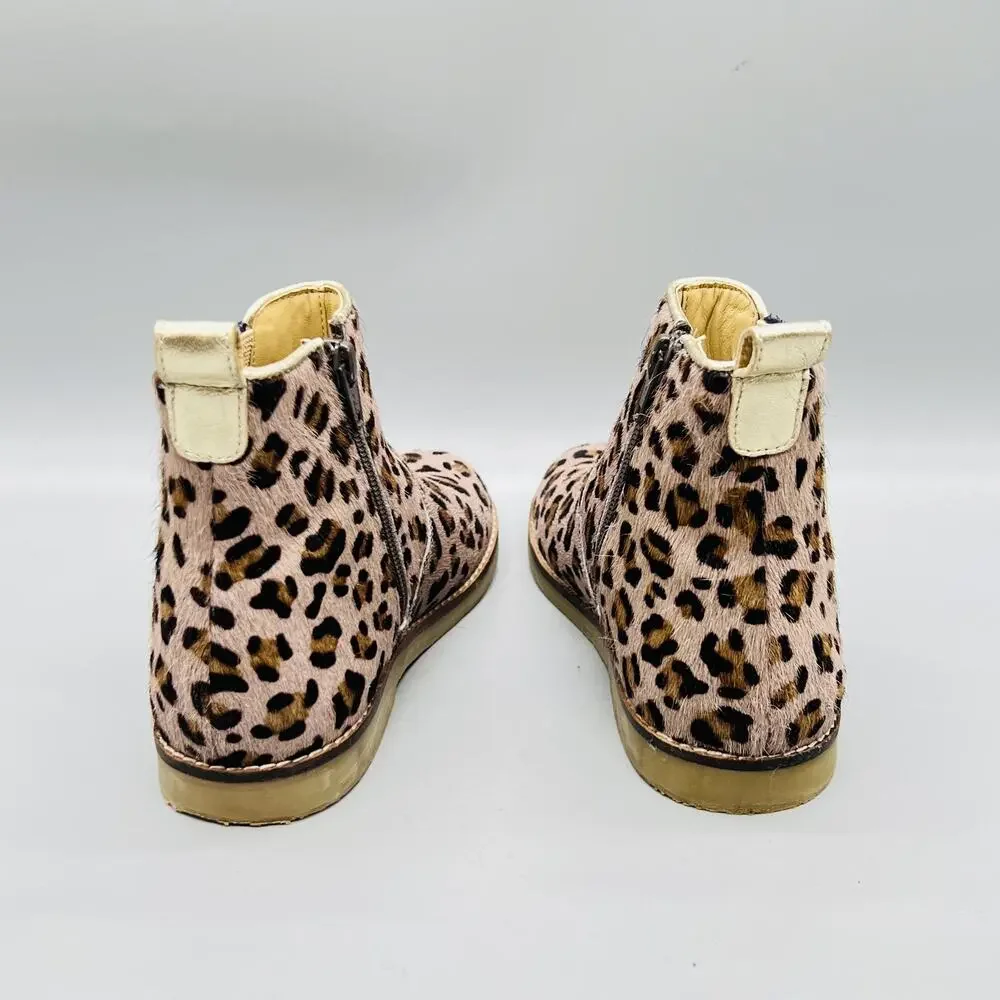 Mini Boden Boots Girls 1 Brown Leopard Print Calf Hair Chelsea Ankle Zip Shoes